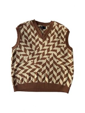 ASOS Brown and Cream V-Neck Geometric Knit Sweater Vest